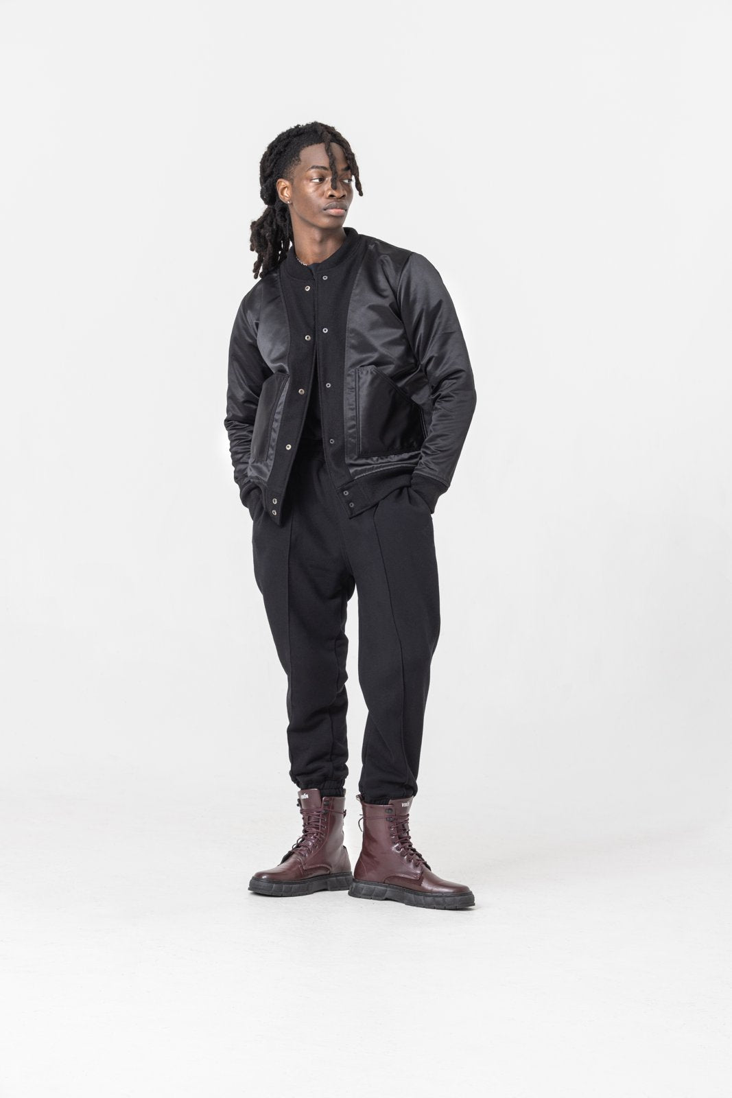 Reversible bomber — plain reverse worn on model