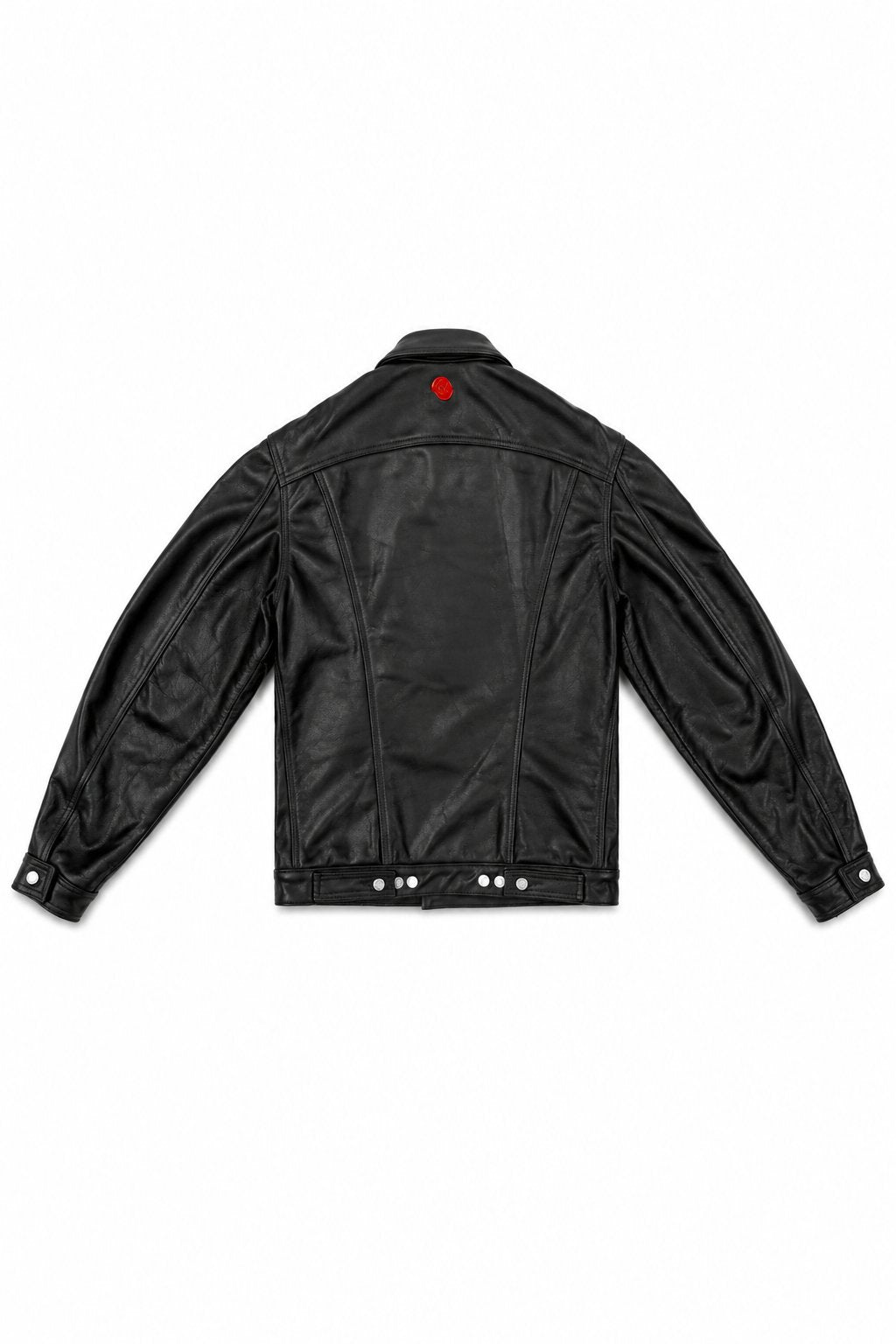 Leather trucker jacket — back flat lay