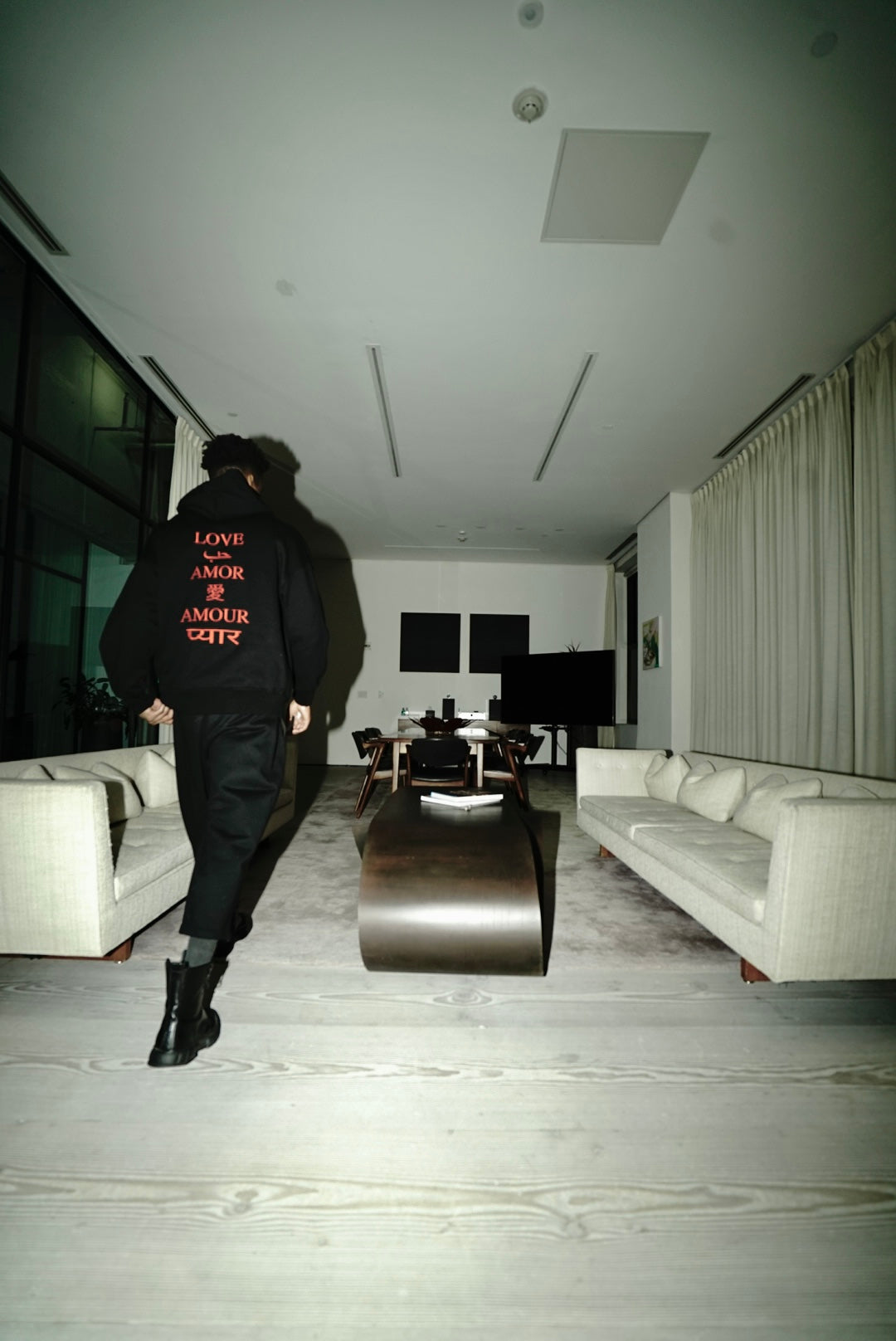 Rear view of the LX3 hoodie in the campaign interior