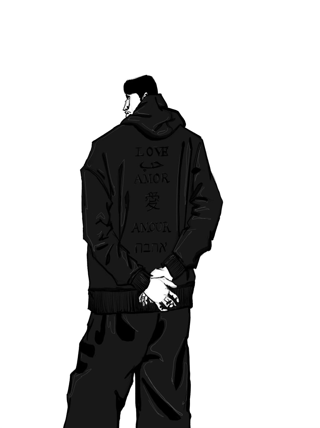 LX3 black-on-black hoodie illustration with love lettering in several languages
