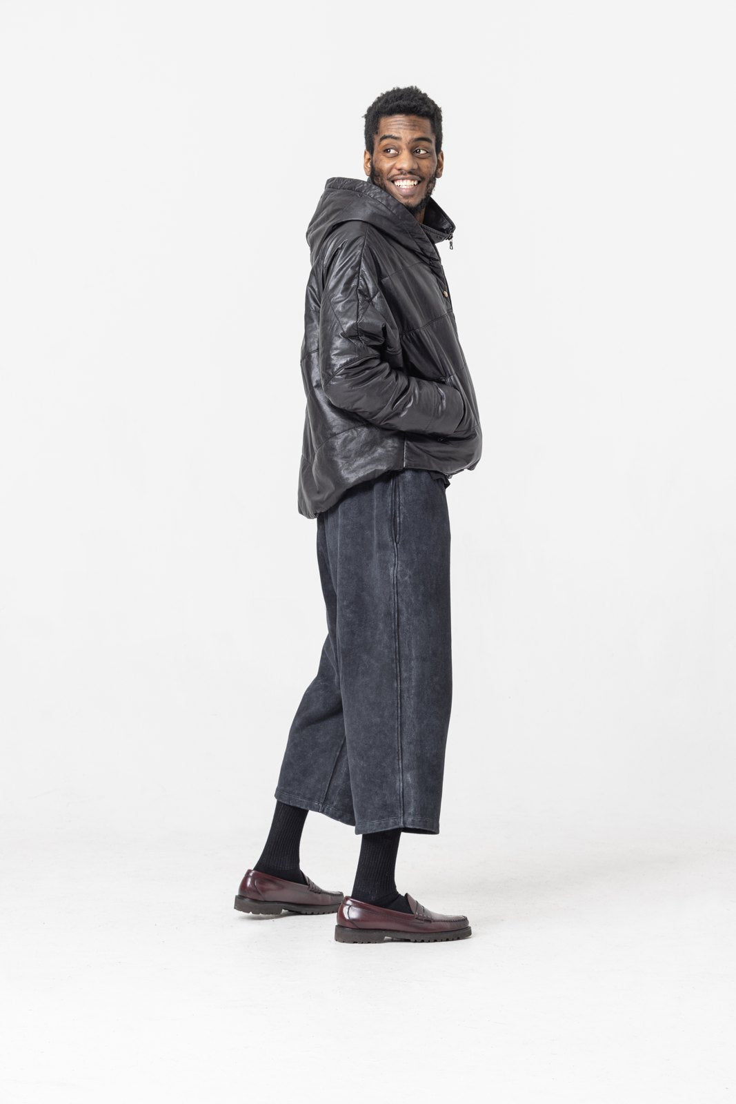 Cropped Leather Puffer Jacket — on-body photograph